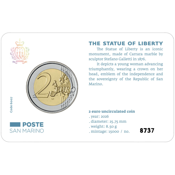 Монета 2 Euro Сан-Марино 2026 - Статуя Свободи | Coinshop