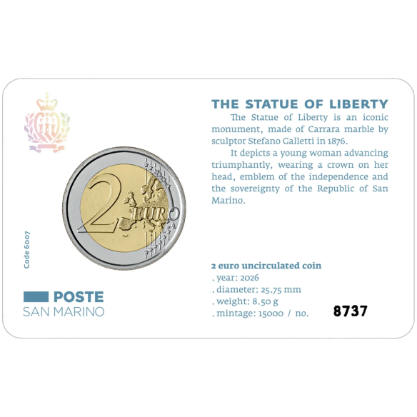 Монета 2 Euro Сан-Марино 2026 - Статуя Свободи | Coinshop